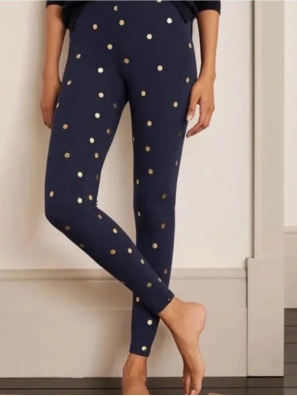 Boden High Rise Jersey Navy Gold Polka Dot Leggings Size 6L